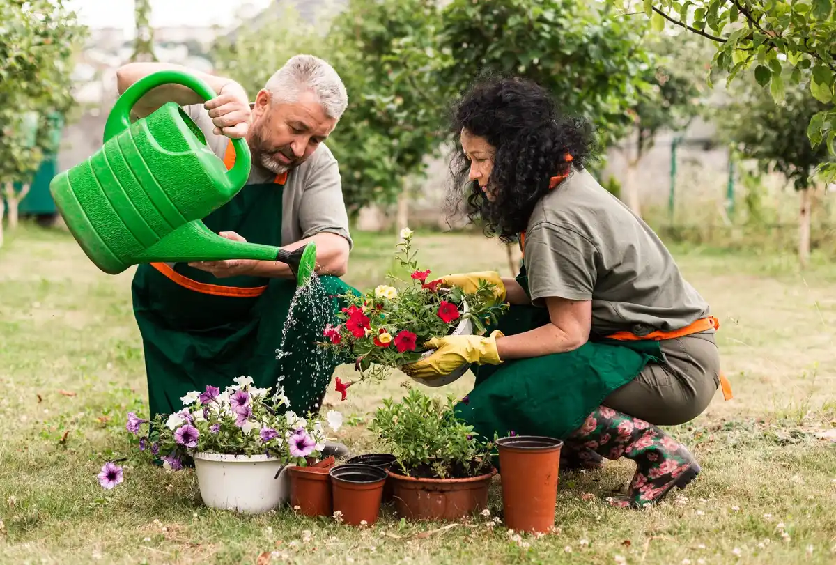elderly Dutch gardener choosing flower seeds backyard
