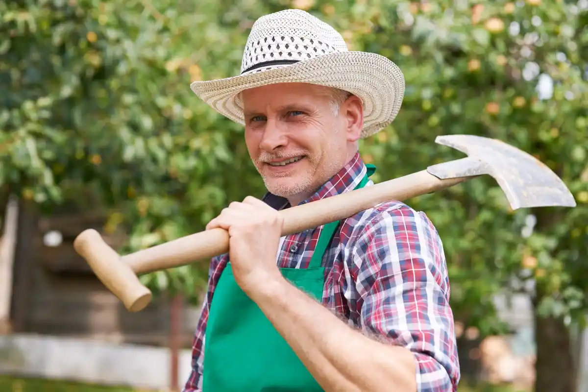 smiling elderly dutch gardeners using ergonomic tools