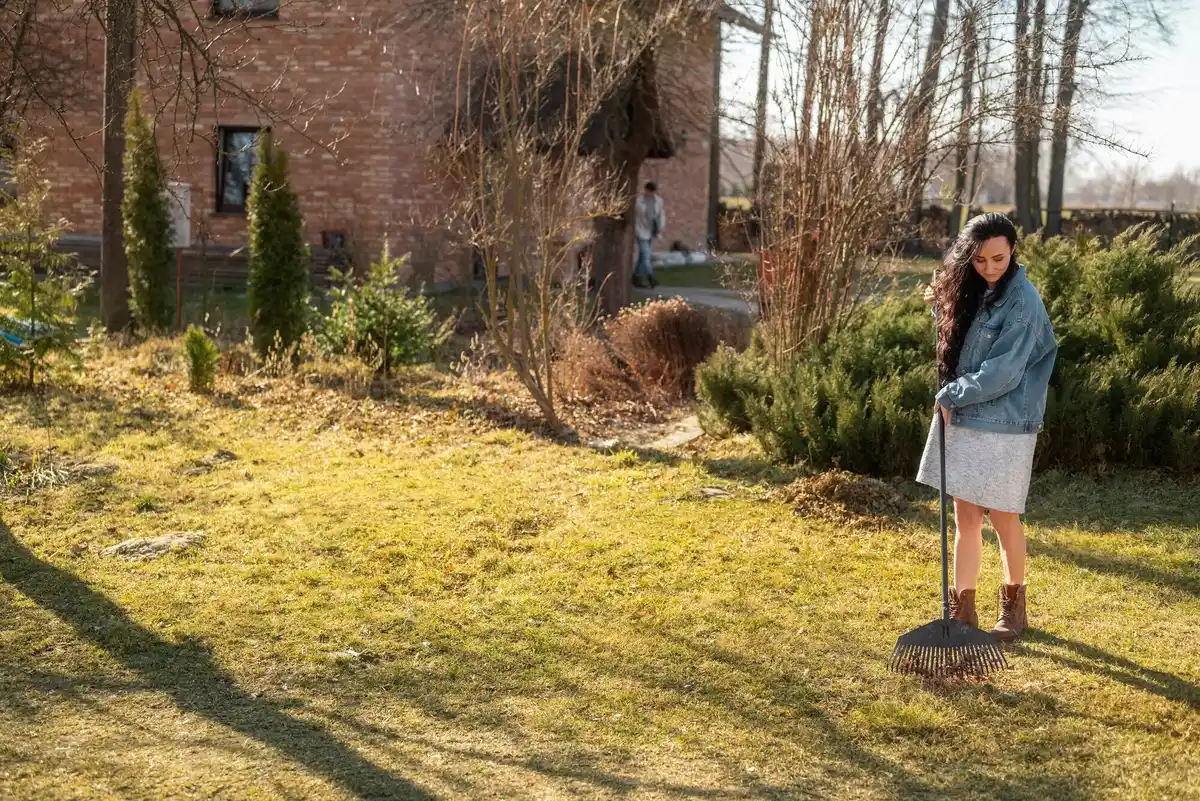 Dutch allotment garden with person using manual lawn mower