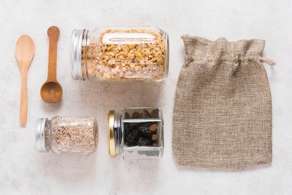 Dutch garden seeds in glass jars and fabric bags