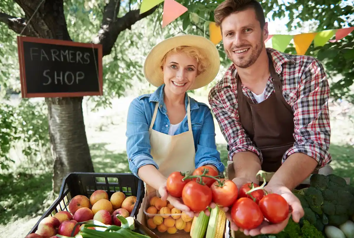elderly couple in dutch greenhouse with fresh vegetables