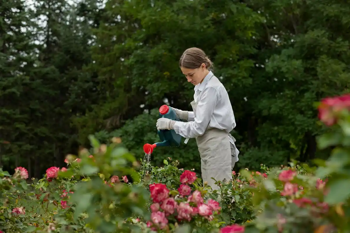 pouring beer on roses in Dutch home garden