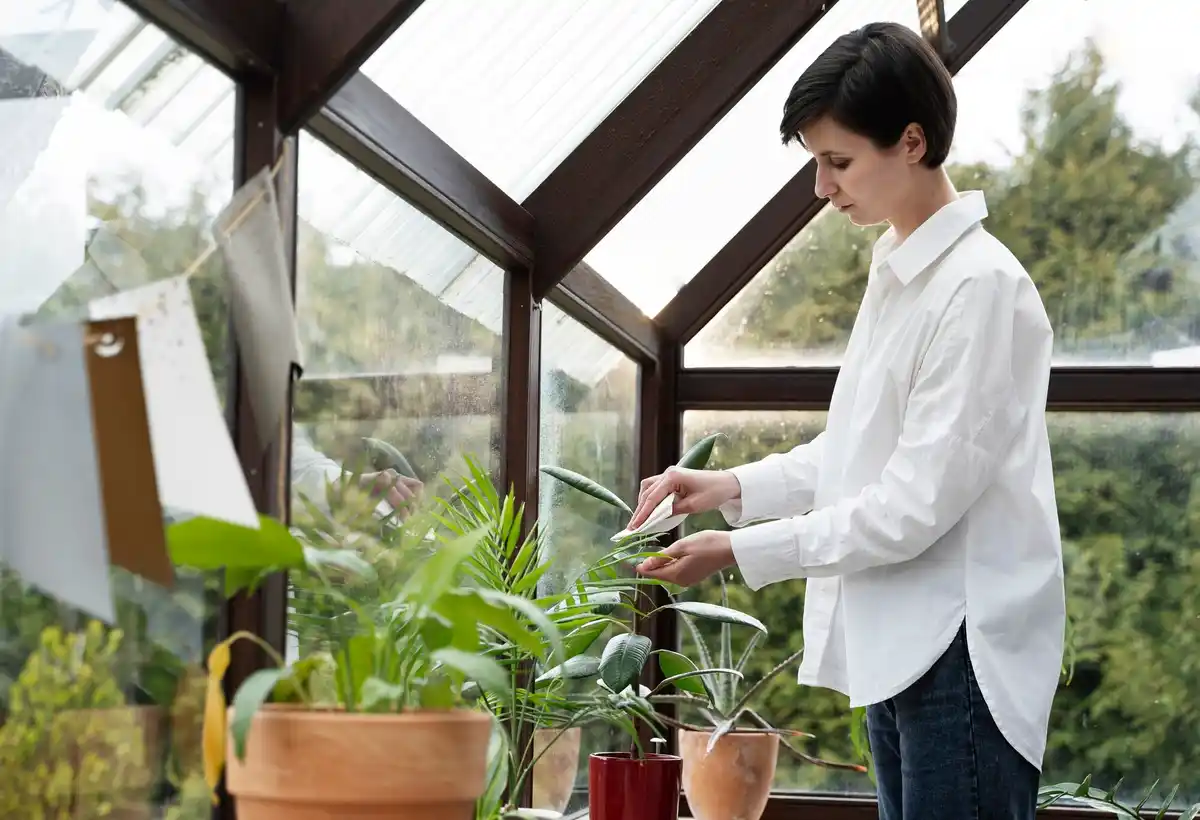 glass greenhouse in backyard with Dutch garden