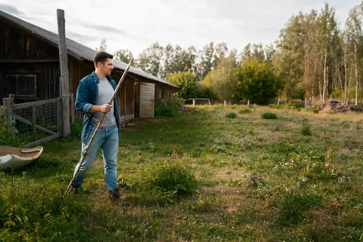 person using manual push lawn mower at Dutch backyard