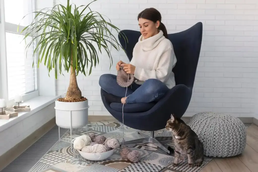 dieffenbachia plant and curious house cat in dutch apartment