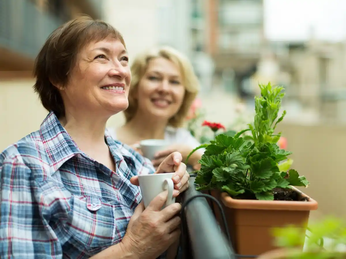 Dutch granny showing homemade plant fertilizer to laughing family in garden
