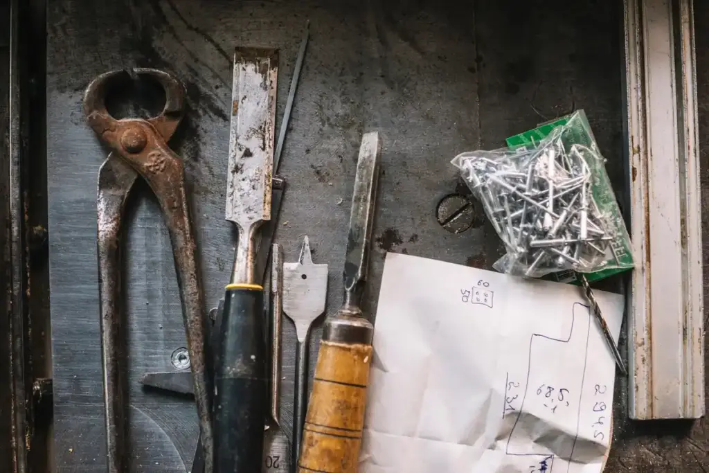 rusty forgotten garden tools in shed