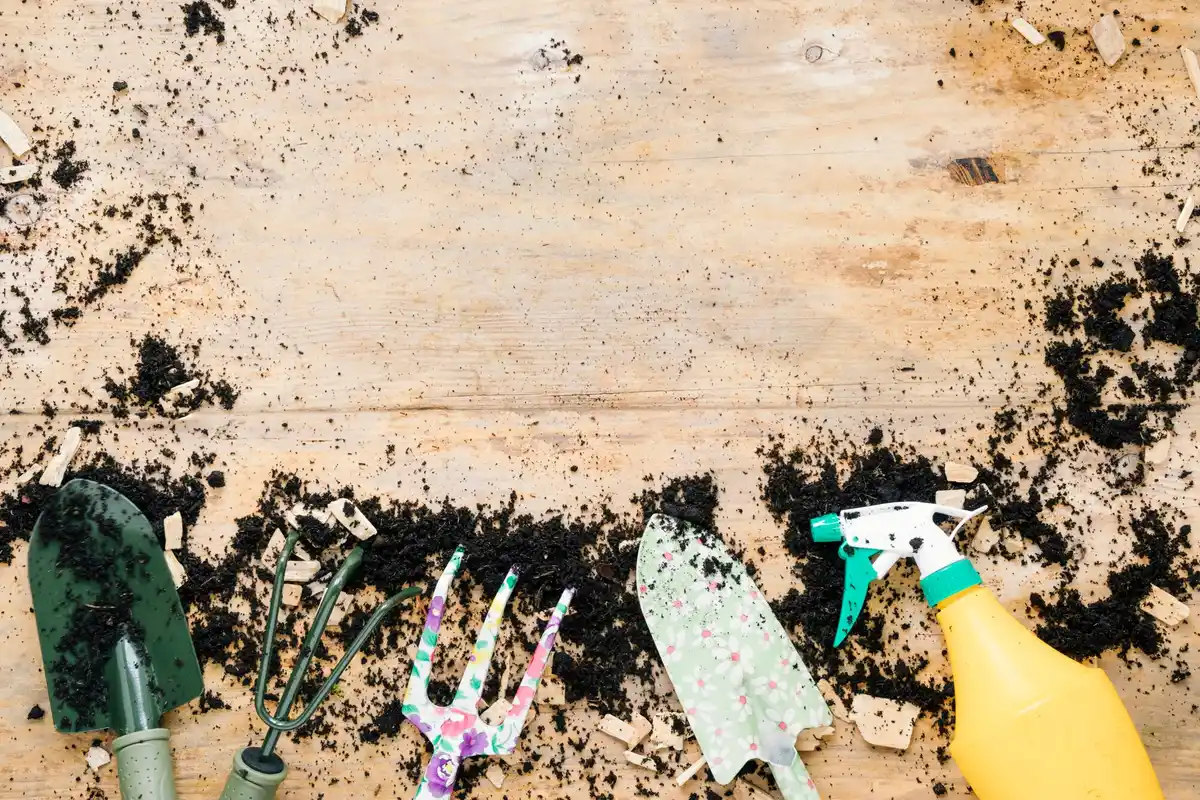 dirty garden tools with soil disease close up dutch garden