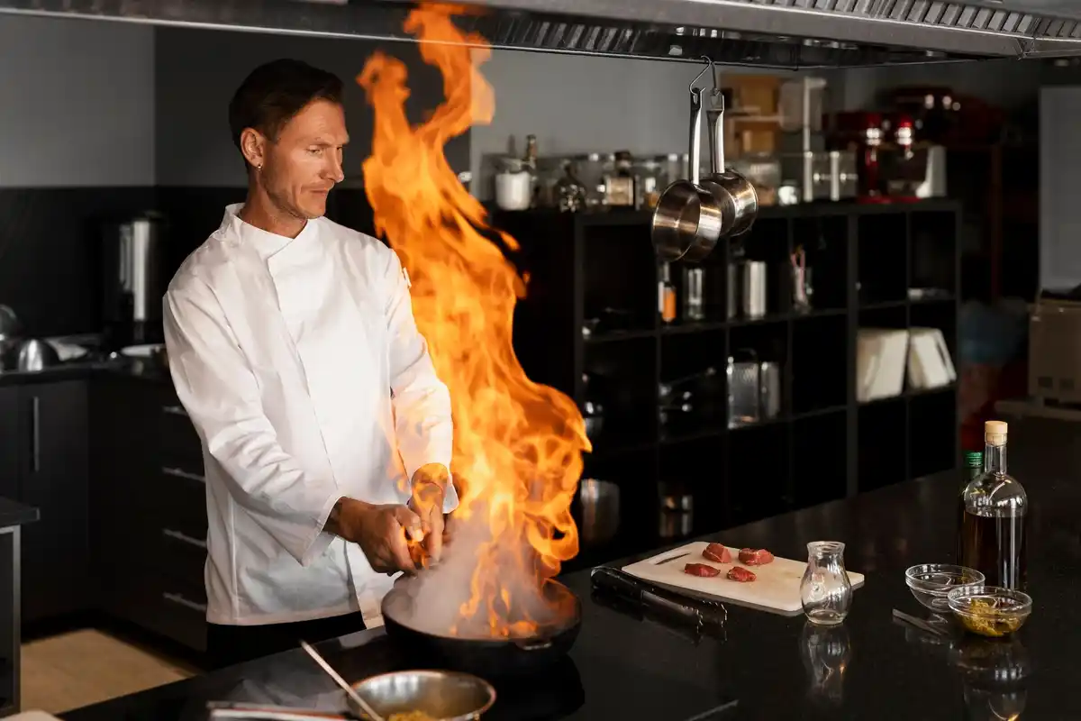 chef cooking spinach in a pan with steam